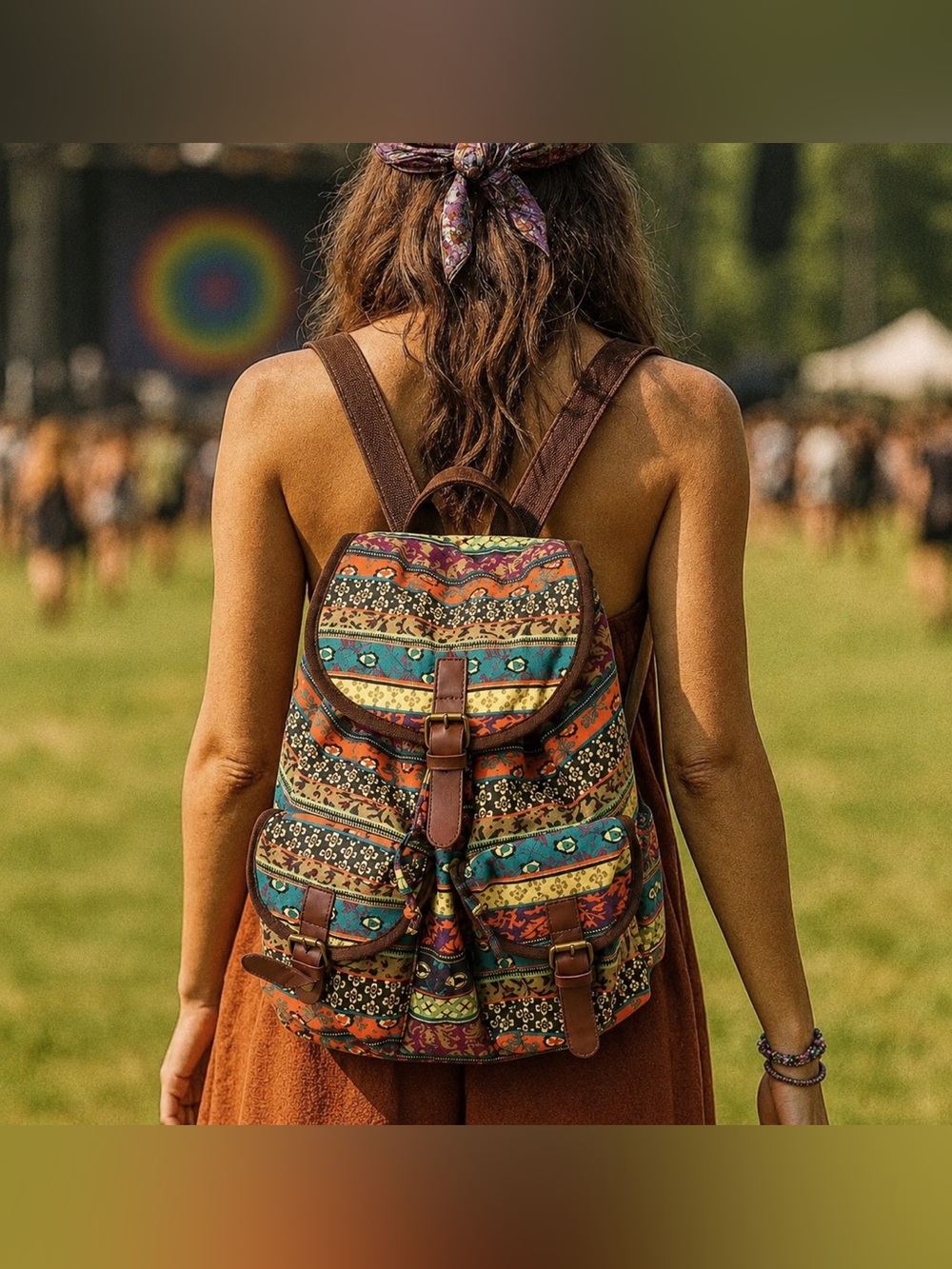 Boho Tribal Aztec Canvas Multicolor Backpack Leather Festival Purse Boho Gremlin